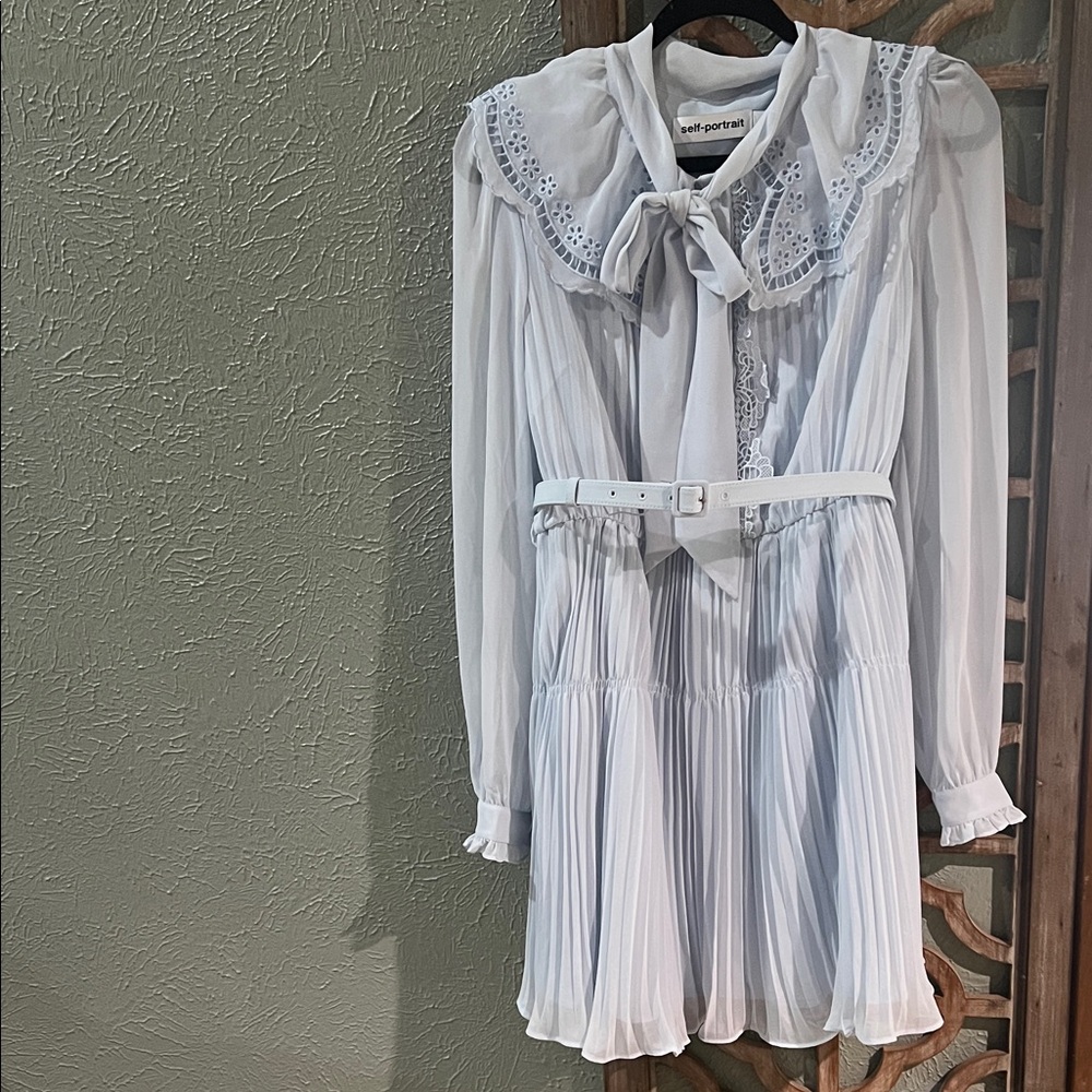 SELF-PORTRAIT Broderie Collar Chiffon Mini Dress In Light Blue - Picture 5 of 8